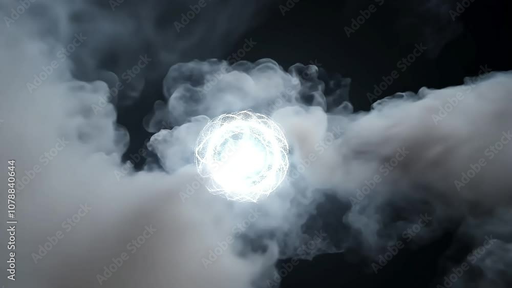 Poster radiant energy sphere forms within dark clouds, glowing and pulsating with light, creating a captiva