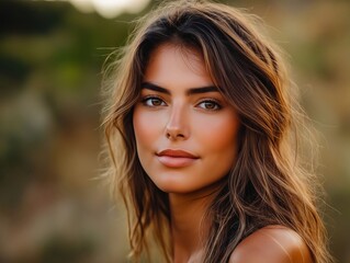 Naklejka premium A woman with long brown hair is posing for a picture
