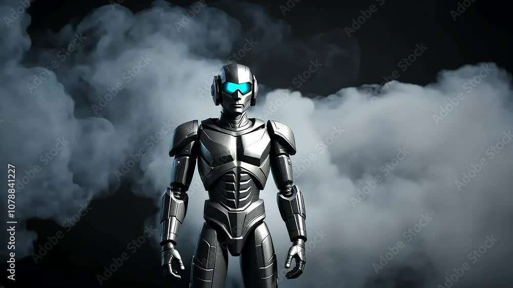 Poster metallic robot with a glowing blue visor stands still as white smoke envelops the background, creati