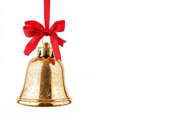 Golden Christmas bell ornament with red bow, perfect for holiday decorations and festive displays