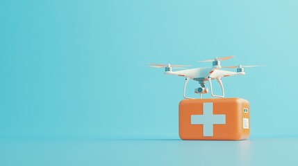  Abstract Marketing Background Featuring a 3D Rendering of Drones and Medical First Aid Kits for Resource Rescue Against a Light Blue Background. The Design Emphasizes Minimalism, Advanced Technology,