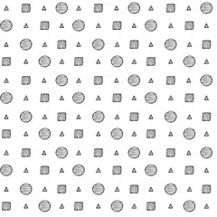 Geometric Seamless Pattern. Graphic repeatable ornament background. Endless black contours on a white background. Circles, squares, triangles, hatched lines. Textile, textures, wrapping, packaging