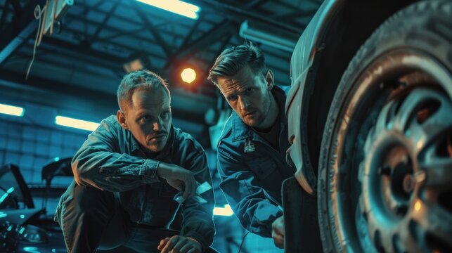 An unscrupulous mechanic showing false repairs to a customer, automotive deception concept