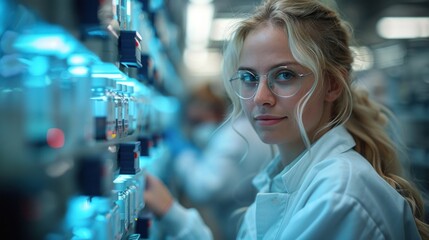An immunologist working with advanced lab equipment, such as flow cytometers or PCR machines, preparing samples for analysis
