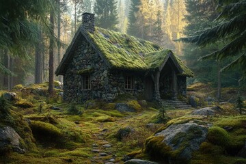 Tranquil Forest Haven: Vintage Stone Bungalow Set in Secluded Mossy Clearing