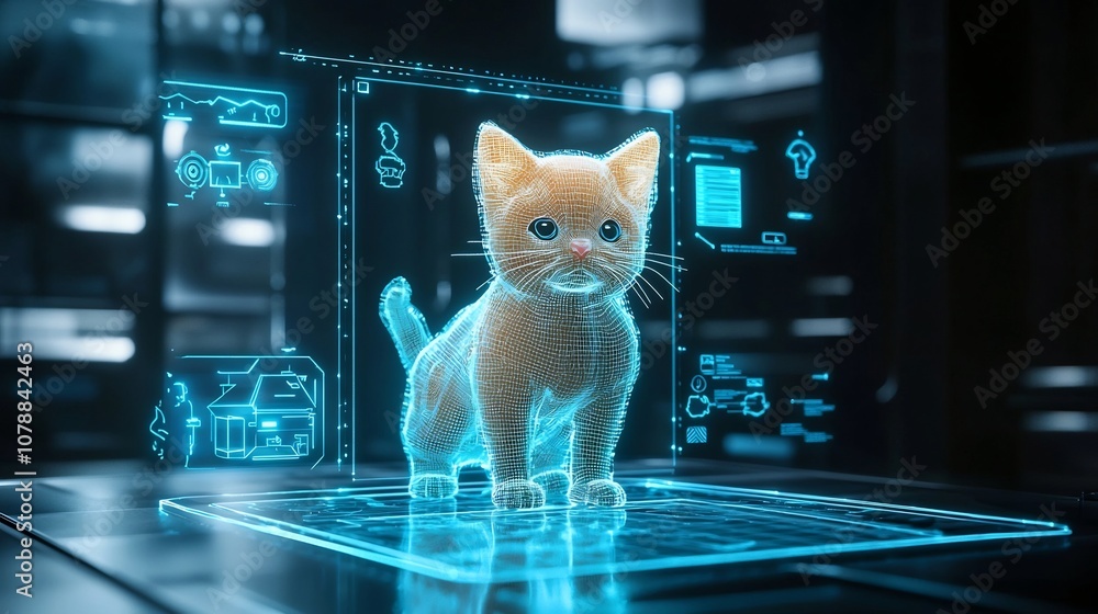 Poster holographic virtual pet interface displaying 3d avatar with interactive commands and reactions