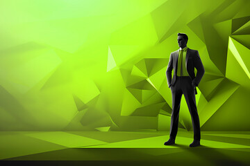 Fototapeta premium A Stylish Figure Stands Confidently Against a Vibrant Green Geometric Backdrop