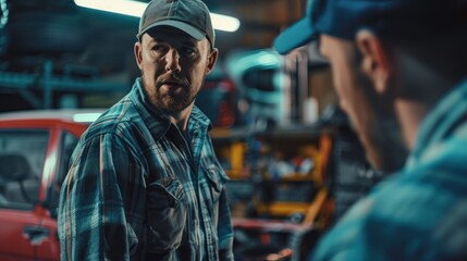 An unscrupulous mechanic showing false repairs to a customer, automotive deception concept