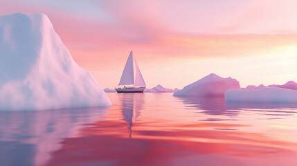 Sailboat gliding through calm arctic waters surrounded by icebergs at sunset, creating a serene and isolated polar scene.