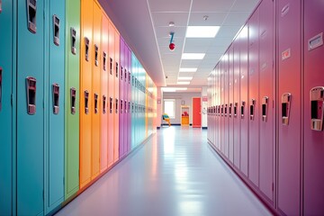 An empty hallway in a school with lockers