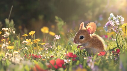 Fototapeta premium Cute Mouse in a Field of Wildflowers