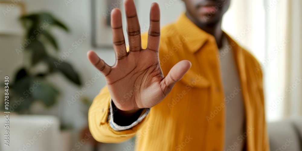 Poster a man in a yellow jacket holds his hand up in a stop gesture. this image conveys a message of pause 