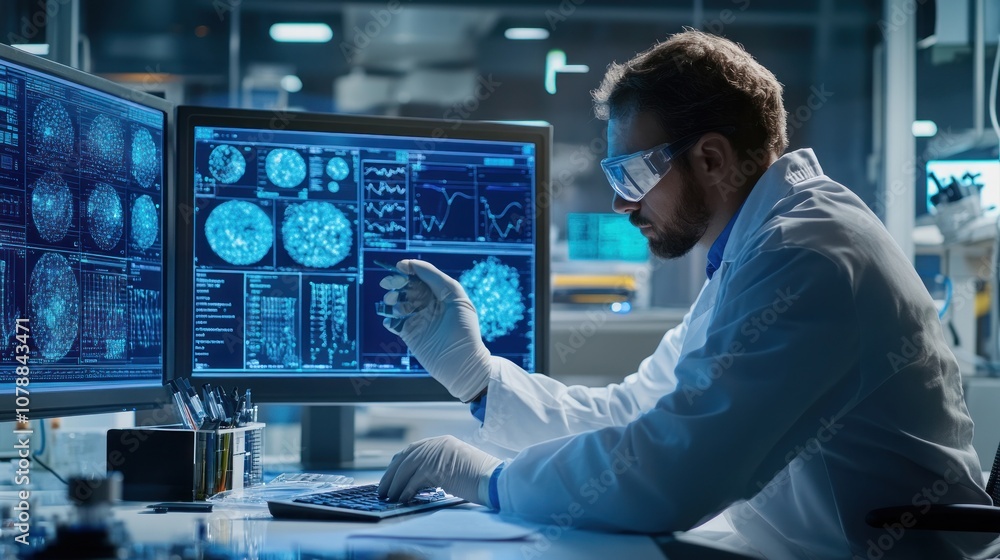 Poster a scientist analyzing data on multiple screens in a laboratory setting.