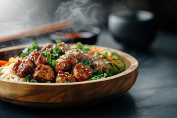 Steaming Teriyaki Meatballs with Fresh Vegetables and Sesame Seeds in Wooden Bowl