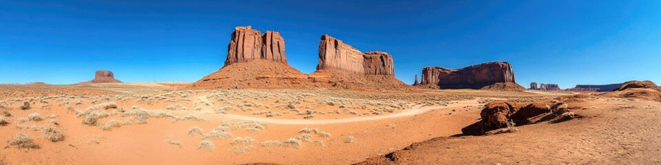 Fototapeta premium Desert Landscape: Explore the Arid Terrain with Rock Formations under a Clear Sky
