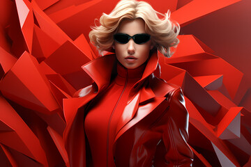 A Glamorous Figure in a Bold Red Outfit Poses Confidently Amid Angular Red Shapes