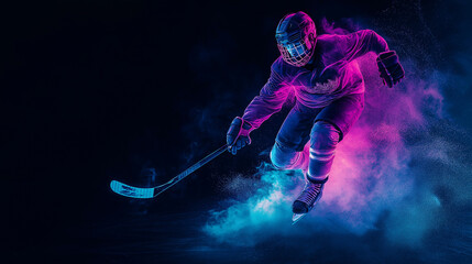 A dynamic image of an ice hockey player in vibrant neon lighting, surrounded by swirling pink and blue smoke. The dramatic composition highlights the athlete's motion and the intensity of the sport.