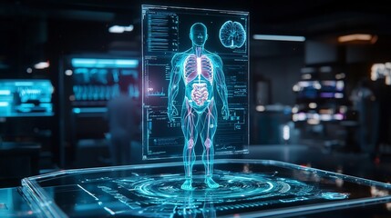 Holographic Medical Interface Displaying 3D Human Body Model with Vital Signs and Treatment Options