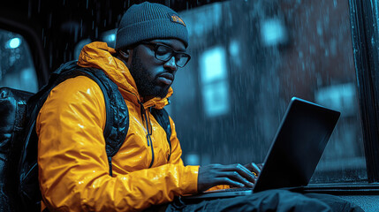 The young man focuses on his laptop while seated in a bus, shielded from the heavy rain outside during a gloomy urban evening
