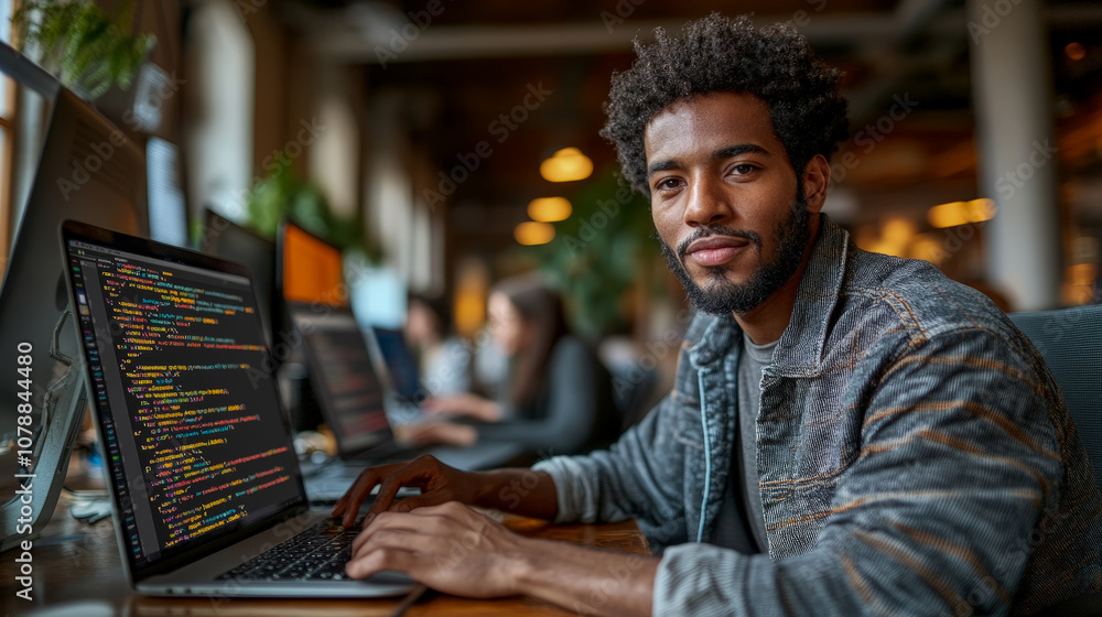 Poster a young man focuses on coding on his laptop in a vibrant workspace, surrounded by colleagues immerse