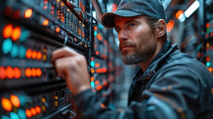 An office equipment repair technician performing maintenance on a network server, ensuring all cables and connections are secure, with a data center setting