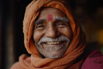 A close-up portrait of an elderly man with a warm smile, wearing a traditional orange headwrap, symbolizing cultural richness and happiness.