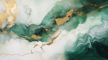 Abstract marbled painting with emerald green, golden, white and black elements. Perfect for elegant wallpapers and posters,