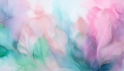 Dreamy Pastel Watercolor Background with Fluid Organic Shapes and Soft Feather Details, Perfect for Spa, Wellness, and Nature Inspired Designs or Spring Themed Web Banners and Print Materials