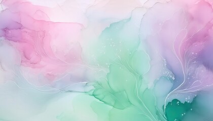 Obraz premium Dreamy Pastel Watercolor Background with Fluid Organic Shapes and Soft Feather Details, Perfect for Spa, Wellness, and Nature Inspired Designs or Spring Themed Web Banners and Print Materials