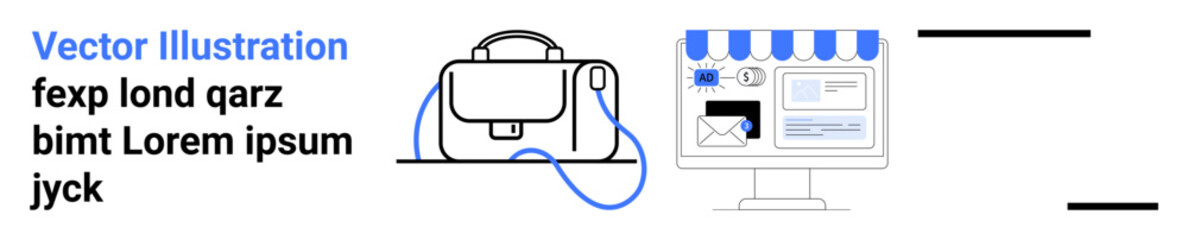 Business bag and Desktop with storefront, email icon, and web elements. Ideal for e-commerce, online shopping, education, digital marketing, business solutions, remote work, and tech startups