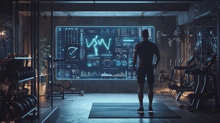 Futuristic Holographic Workout Interface in Home Gym Displaying Real Time Fitness Stats and Interactive Guidance