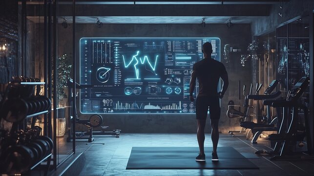 Futuristic Holographic Workout Interface in Home Gym Displaying Real Time Fitness Stats and Interactive Guidance - Powered by Adobe