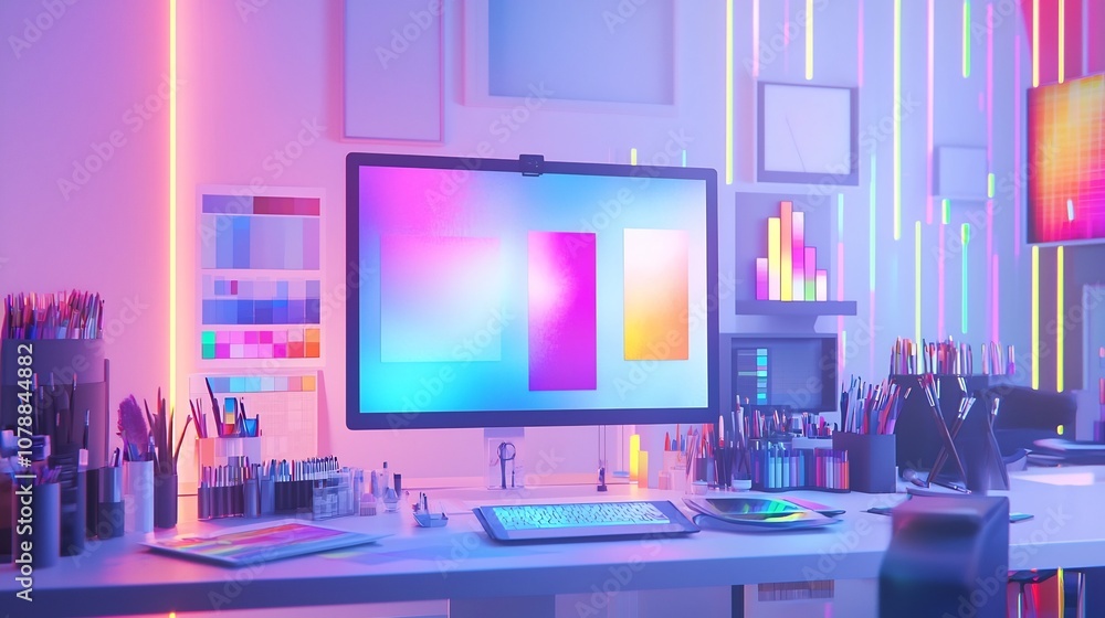 Poster futuristic holographic art creation interface in a minimalist digital studio with 3d tools and brush