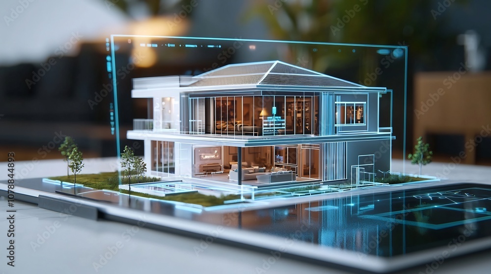 Poster futuristic holographic real estate interface with interactive 3d property visualization and customiz
