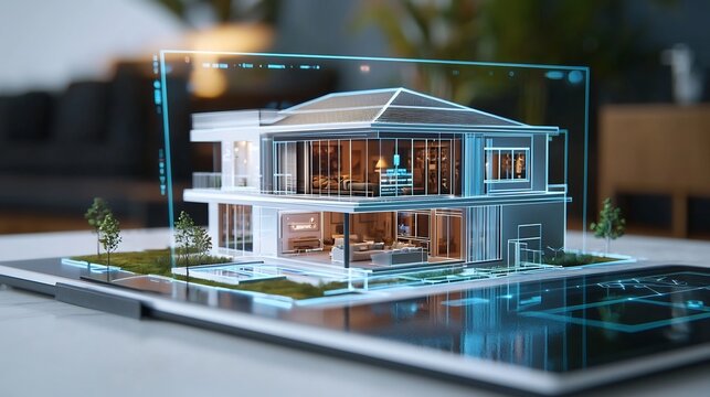 Futuristic Holographic Real Estate Interface with Interactive 3D Property Visualization and Customization Options