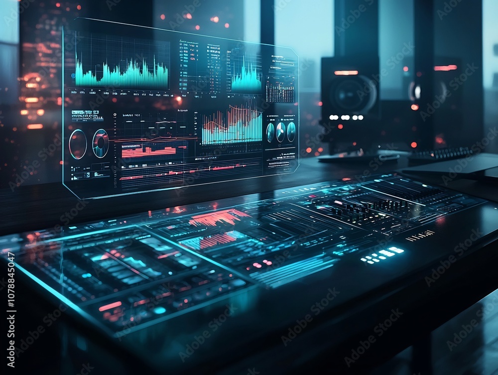 Poster futuristic holographic music studio interface with floating panels for mixing and visualizing sound 