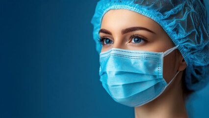 Close-up portrait of a healthcare professional wearing a blue medical mask and cap, symbolizing dedication and safety in a clinical environment.
