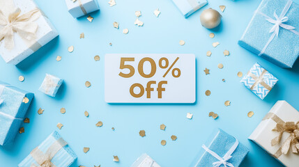 White sign with gold letters "50% off" surrounded by gifts and gold confetti on light blue background banner/web/flyer/blog/