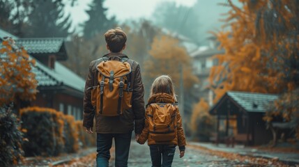 Obraz premium An older brother escorting his younger sister to school on her first day