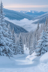 Fototapeta premium A solitary skier glides down a snowy path surrounded by tall evergreens under a dusky sky in a tranquil mountain landscape