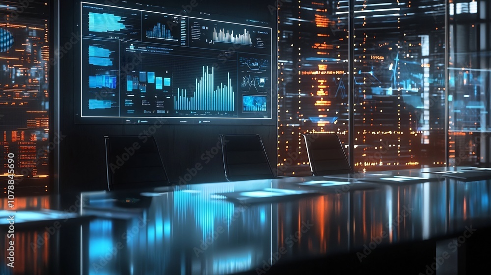Poster holographic business presentation interface with floating charts and data analytics tools