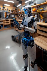 Fototapeta premium Ai-Generated image of A robot is standing in a room with a cell phone in its hand. The robot is white and blue and he is a humanoid figure. The room is cluttered with various items, including a chair,