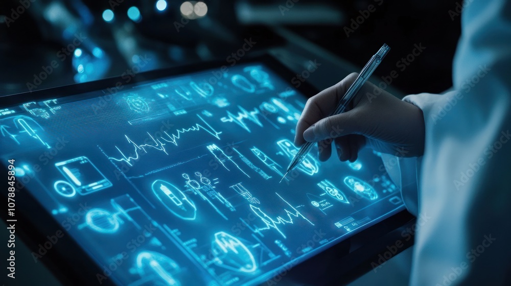 Poster a hand interacts with a digital tablet displaying medical data and graphs.