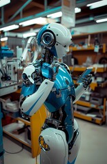 Fototapeta premium Ai-Generated image of A robot is standing in a store with a cell phone in its hand. The robot is blue and white and has a metallic appearance. Concept of technology and artificial intelligence