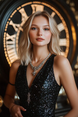 Fototapeta premium Young blonde in a black dress with sparkles stands in front of the classic masive analog clock.