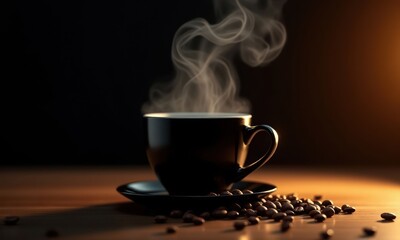 On wooden table there is black coffee cup with steam rising from it on black background with backlight. Coffee beans are lying next to it. TConcept of taste, aroma, warmth and comfort