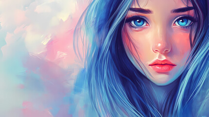 Fototapeta premium A serene anime-style girl with long blue hair and bright blue eyes, against a soft pastel background. Pastel. Illustration