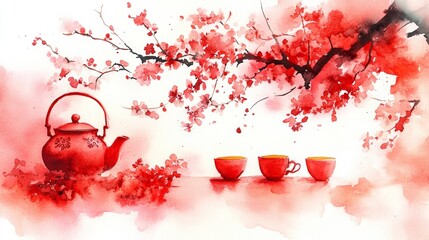 Watercolor illustration featuring a festive tea pot, cups, and sakura branches decorated in red and gold, emphasizing a minimalist composition.