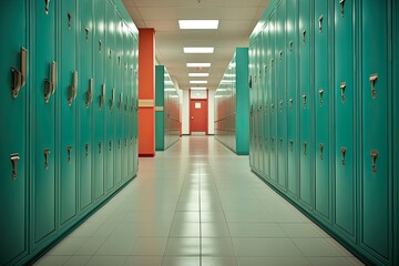 A long narrow hallway in a school with lockers