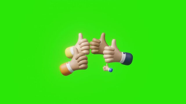 Collaboration, motivation and thumbs up with a business team in celebration of success together at work. Professional multicultural team concept. Hand sign for success, support or trust. 3d animation